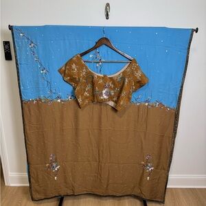 Blue & Brown Embroidered Saree Set (Size 40)